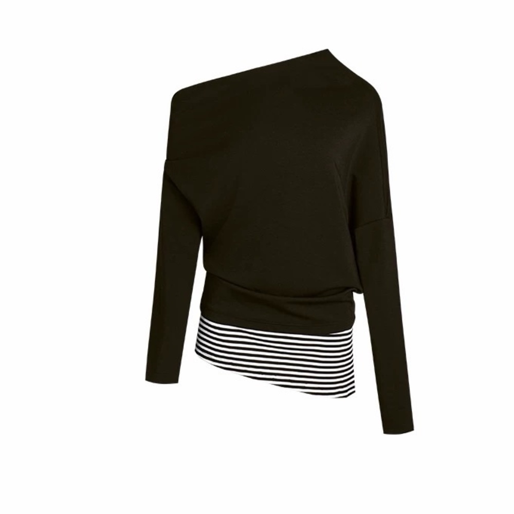 Black Asymmetrical Top with Striped Hem
